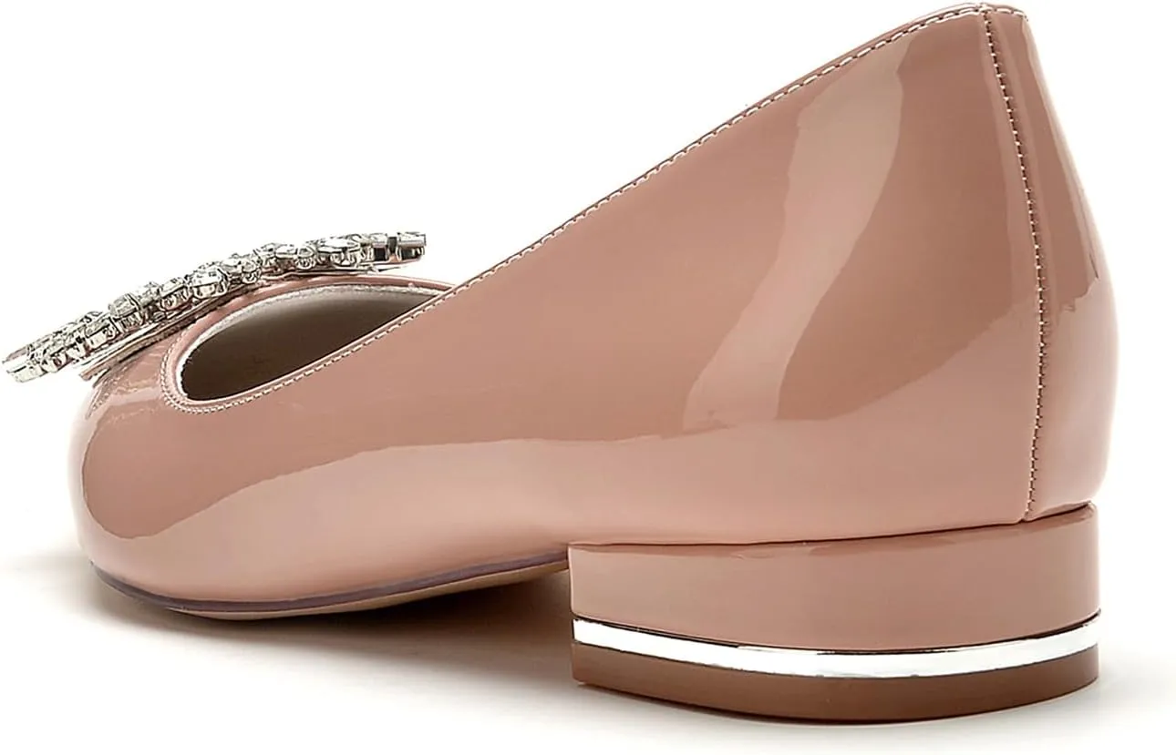 Women's Pointed Toe Patent L eather Wedding Flats for Bride Rhinestones Comfortable White Bridal Shoes Slip on Prom Party Shoes Pumps