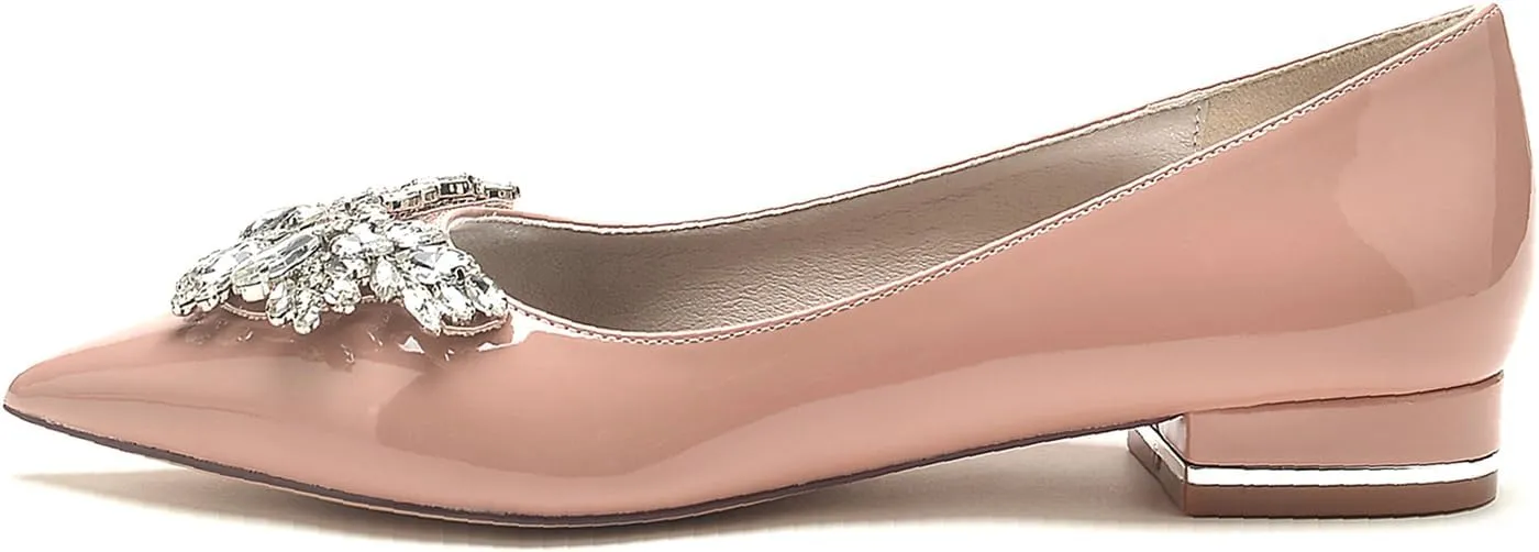 Women's Pointed Toe Patent L eather Wedding Flats for Bride Rhinestones Comfortable White Bridal Shoes Slip on Prom Party Shoes Pumps
