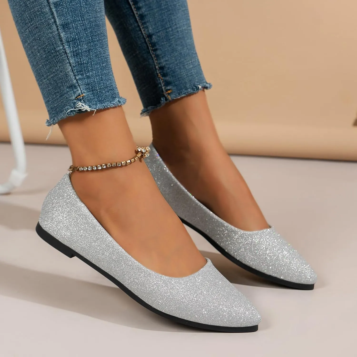 Women's Pointed Toe Women's Flat Shoes Sparkly Low Top Single Shoes Slip-On Ballet Flat Elegant Banquet for Business Casual