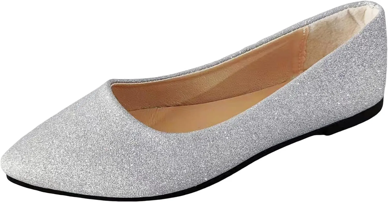 Women's Pointed Toe Women's Flat Shoes Sparkly Low Top Single Shoes Slip-On Ballet Flat Elegant Banquet for Business Casual