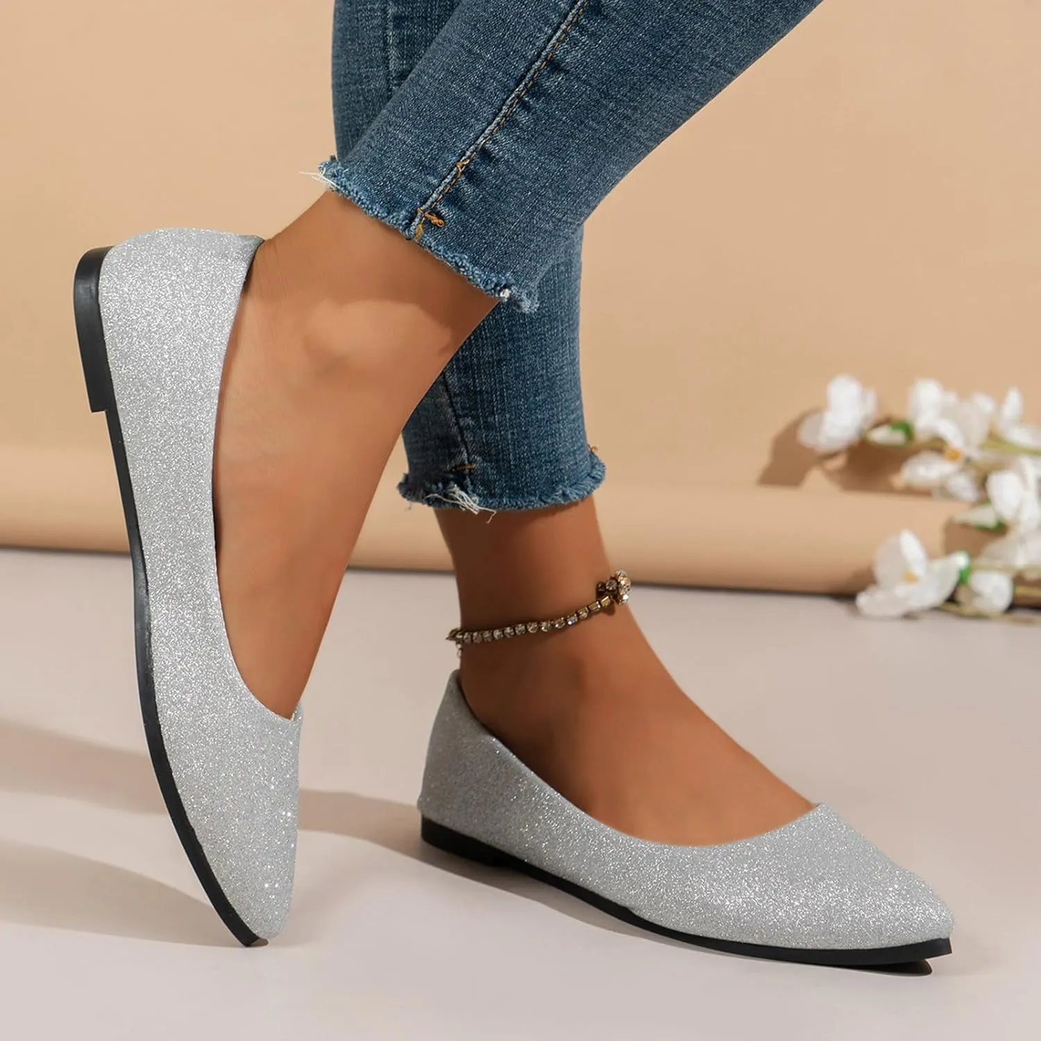 Women's Pointed Toe Women's Flat Shoes Sparkly Low Top Single Shoes Slip-On Ballet Flat Elegant Banquet for Business Casual