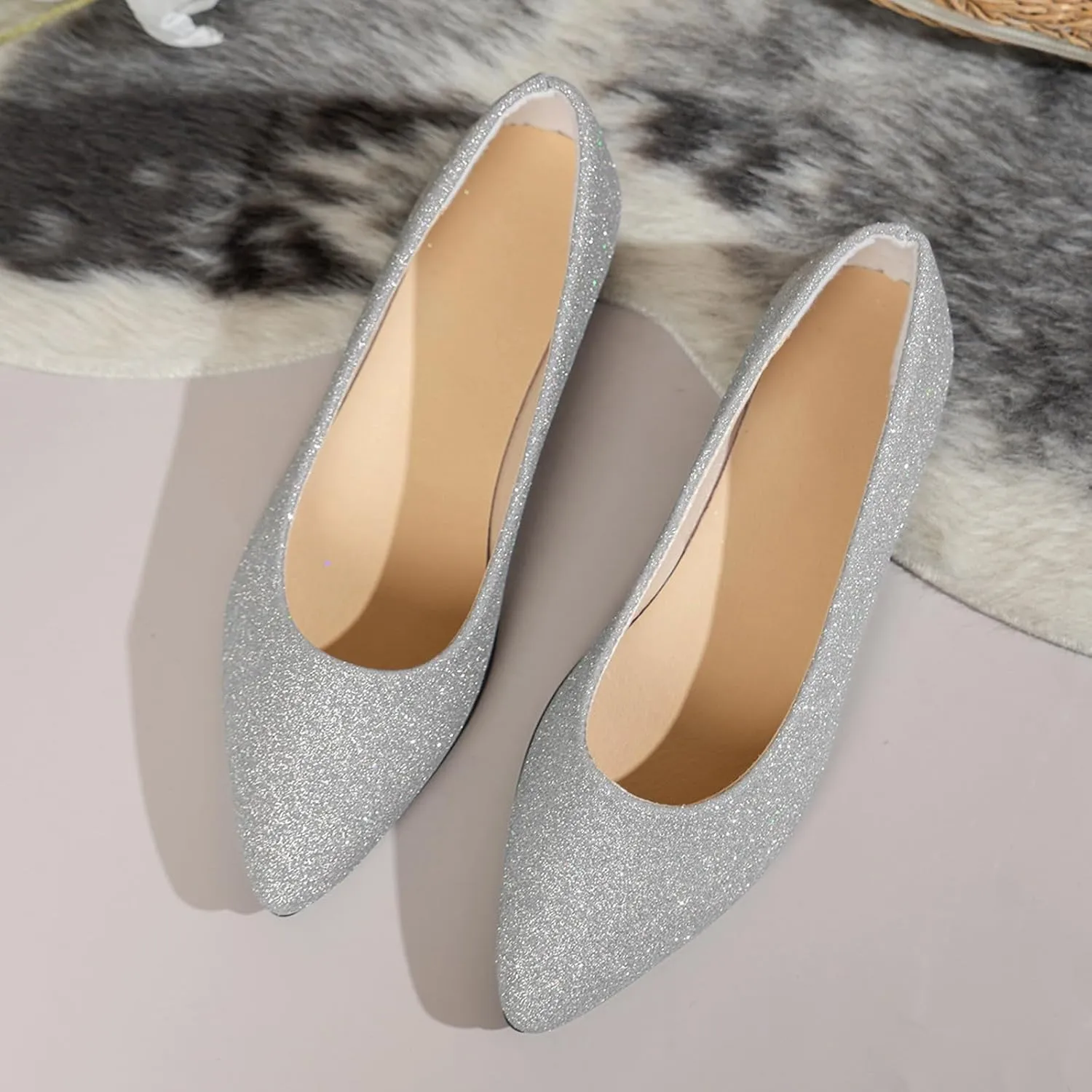 Women's Pointed Toe Women's Flat Shoes Sparkly Low Top Single Shoes Slip-On Ballet Flat Elegant Banquet for Business Casual