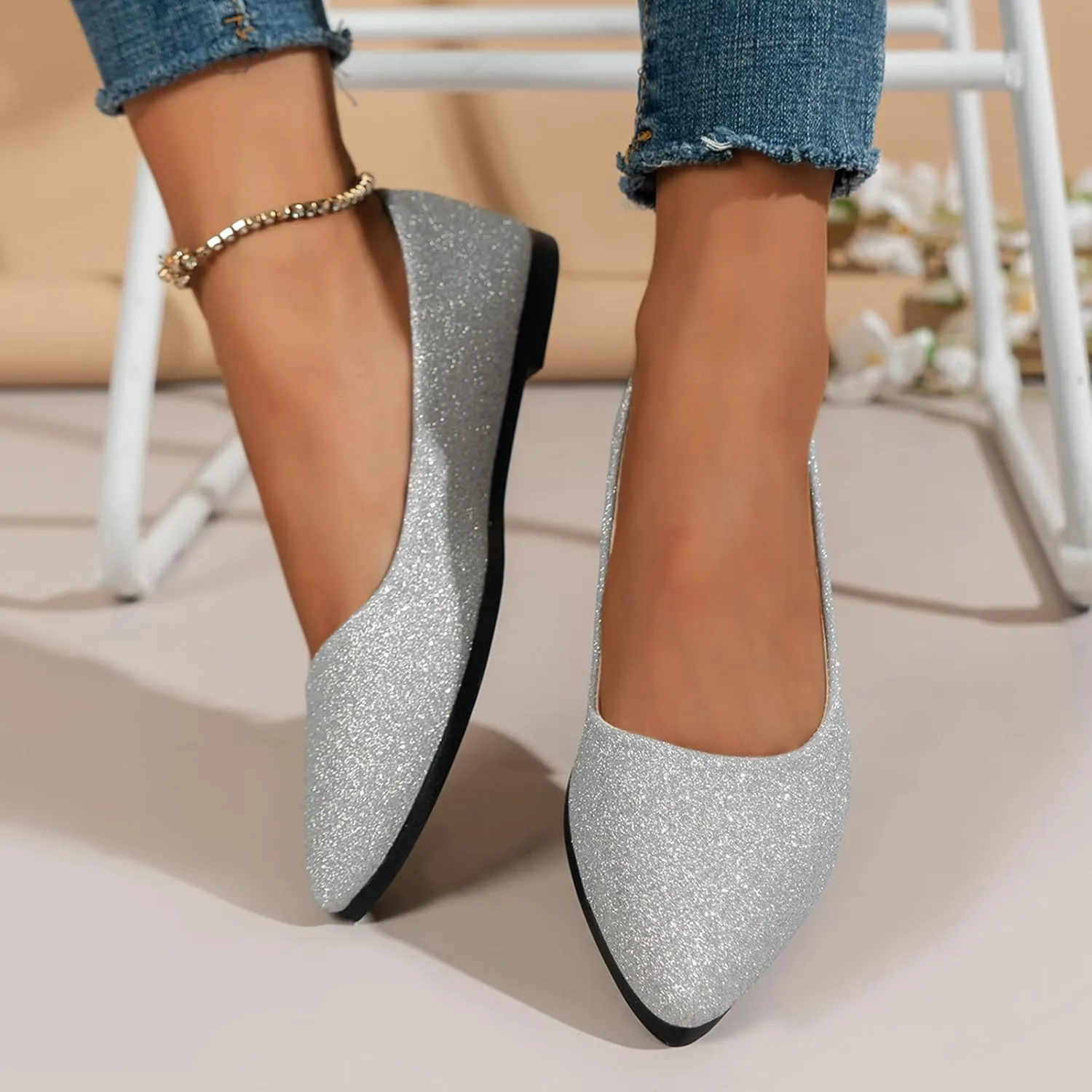 Women's Pointed Toe Women's Flat Shoes Sparkly Low Top Single Shoes Slip-On Ballet Flat Elegant Banquet for Business Casual