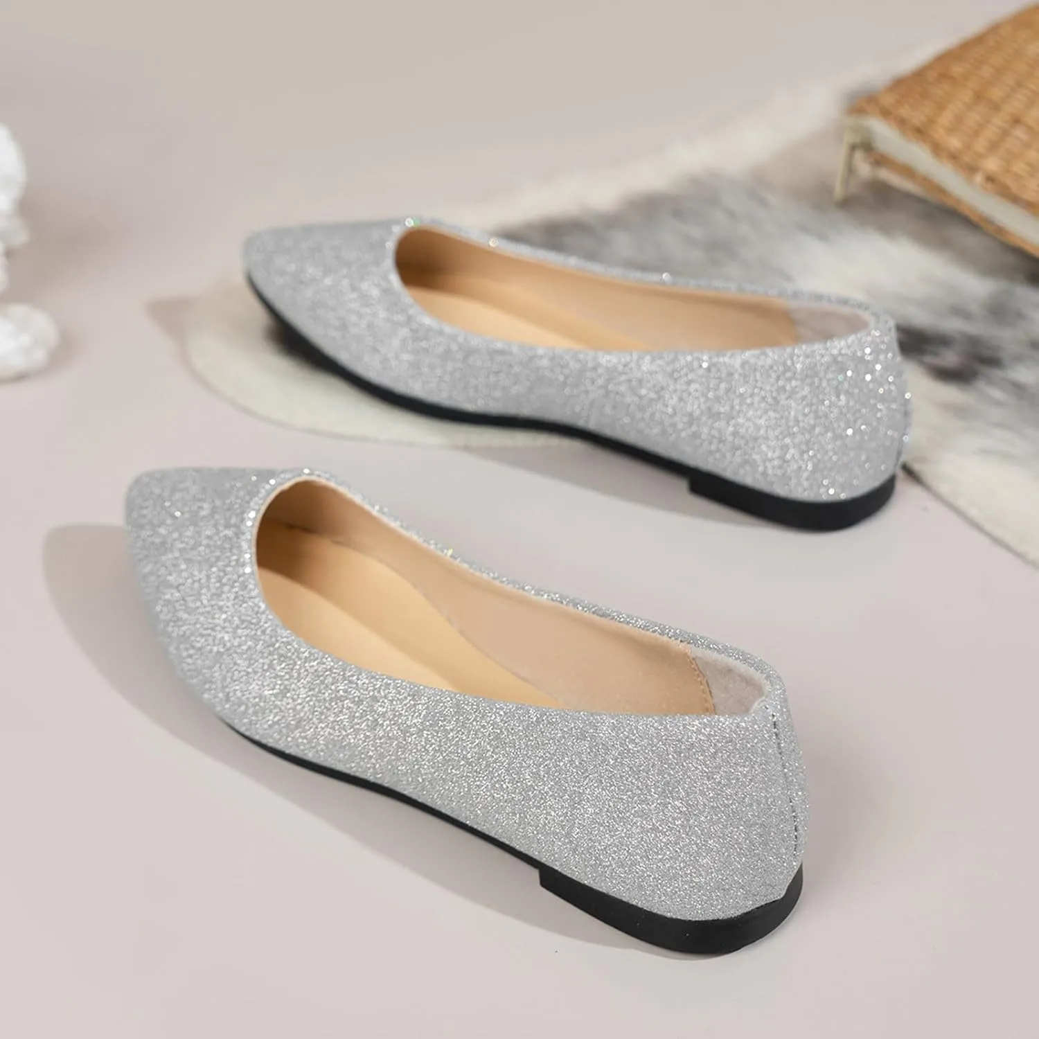 Women's Pointed Toe Women's Flat Shoes Sparkly Low Top Single Shoes Slip-On Ballet Flat Elegant Banquet for Business Casual