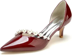 Women's Pointy Toe Pearls Bride Wedding Shoes Patent Leather Stiletto Mid Heels Slip-on Party Prom Sandals