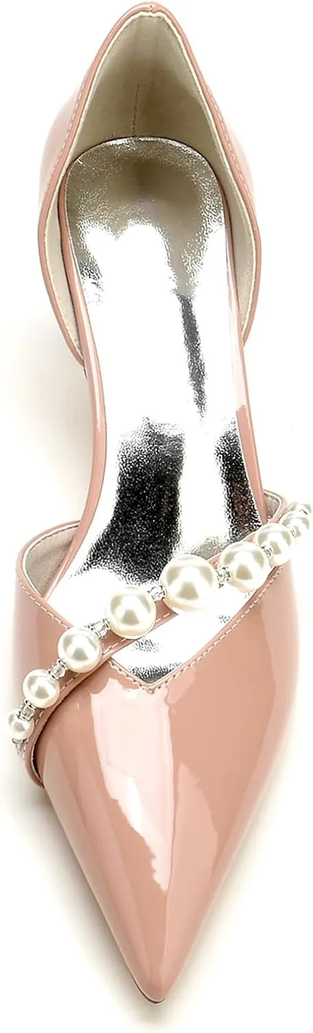 Women's Pointy Toe Pearls Bride Wedding Shoes Patent Leather Stiletto Mid Heels Slip-on Party Prom Sandals