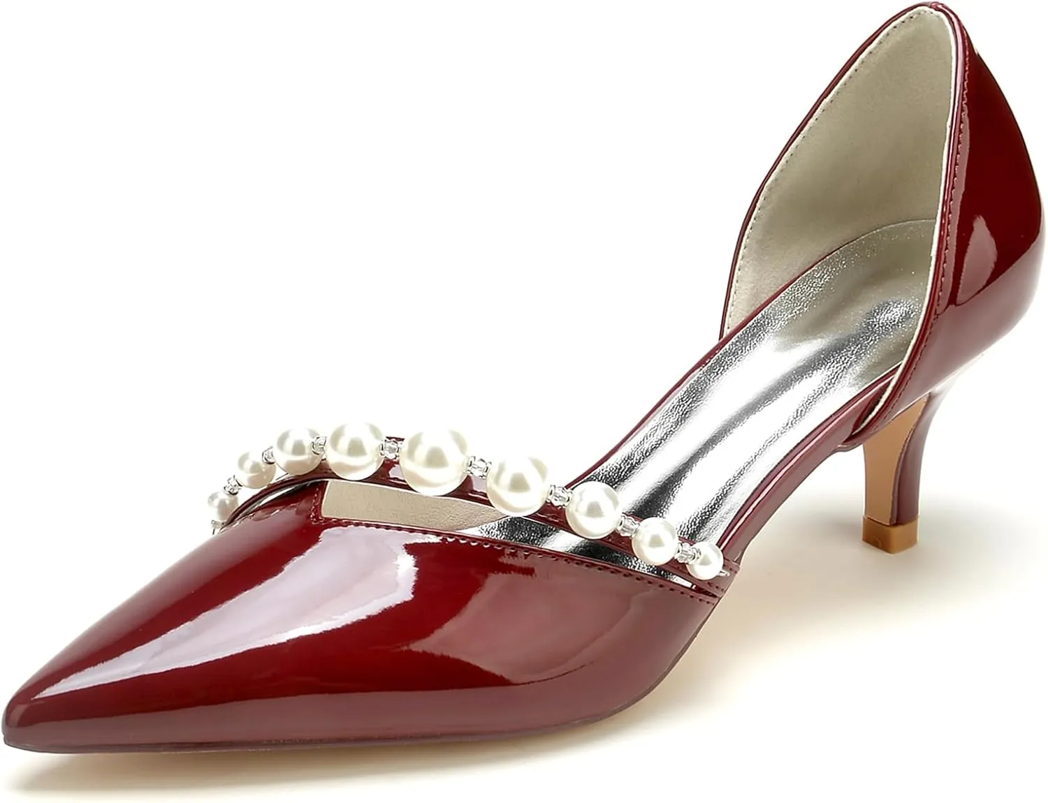 Women's Pointy Toe Pearls Bride Wedding Shoes Patent Leather Stiletto Mid Heels Slip-on Party Prom Sandals