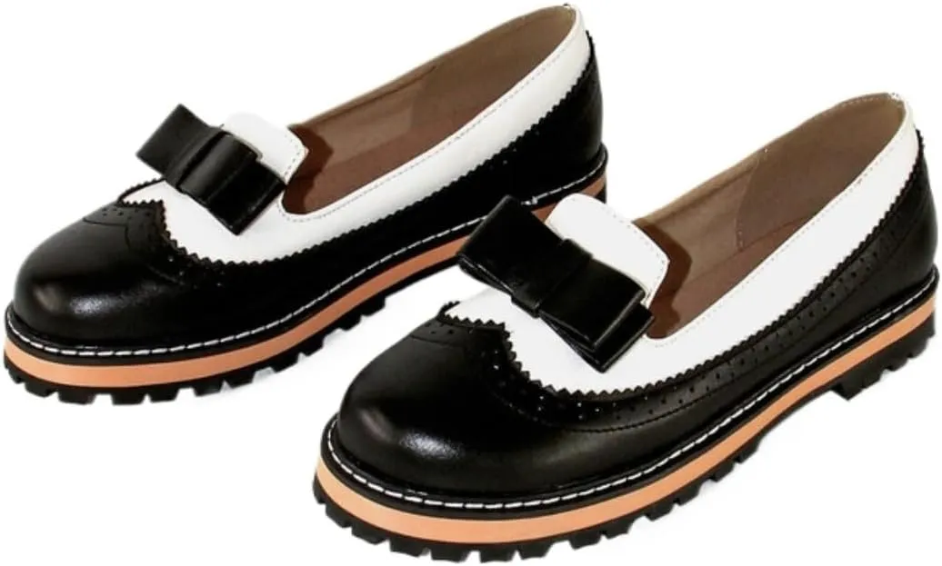 Women's Round Toe Low Block Heels Flat Oxfords Shoes Fashion Patchwork Wingtip Brogues Casual Comfortable Derby Saddle Pumps