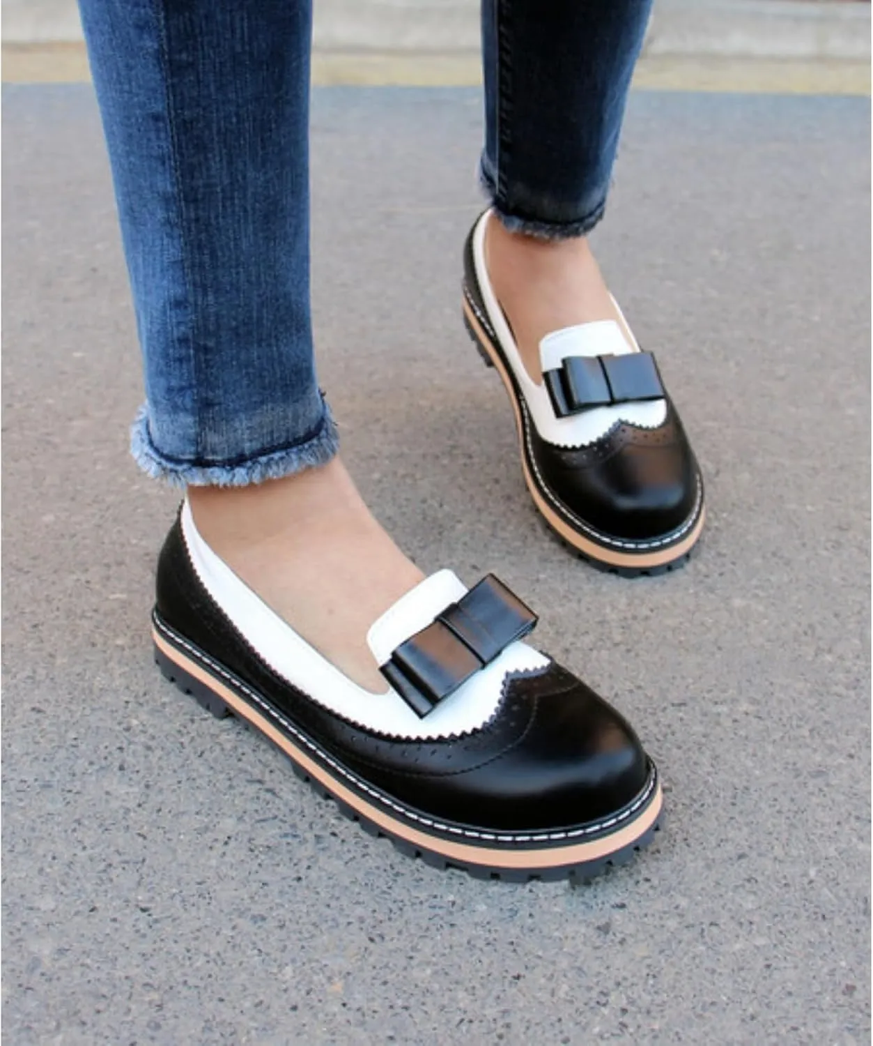 Women's Round Toe Low Block Heels Flat Oxfords Shoes Fashion Patchwork Wingtip Brogues Casual Comfortable Derby Saddle Pumps