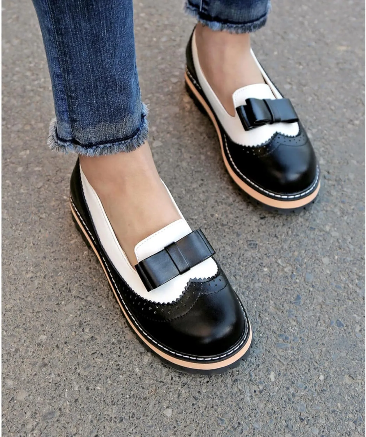 Women's Round Toe Low Block Heels Flat Oxfords Shoes Fashion Patchwork Wingtip Brogues Casual Comfortable Derby Saddle Pumps