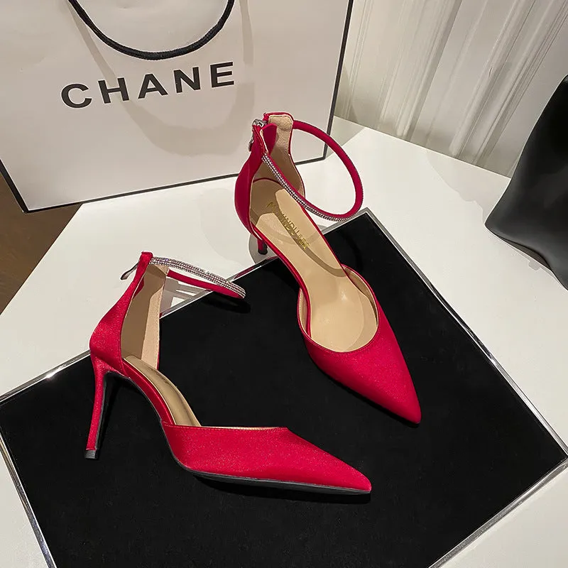 Women's Satin Stilettos with Pointed Toe and Ankle Strap