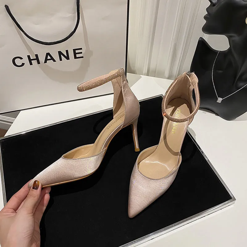 Women's Satin Stilettos with Pointed Toe and Ankle Strap