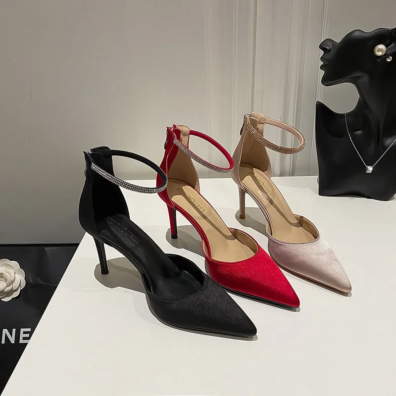 Women's Satin Stilettos with Pointed Toe and Ankle Strap