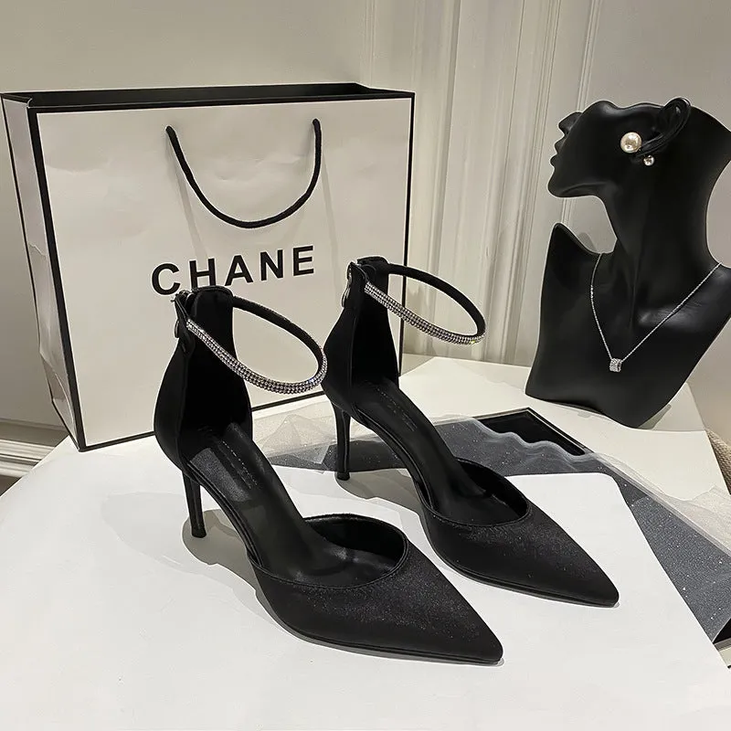Women's Satin Stilettos with Pointed Toe and Ankle Strap