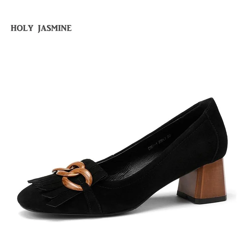 Women's Shoes, Thick Mid Heel Pumps in Genuine Leather Suede With Fringe & Chain Decor
