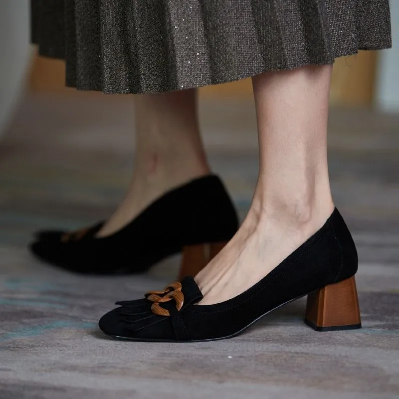 Women's Shoes, Thick Mid Heel Pumps in Genuine Leather Suede With Fringe & Chain Decor