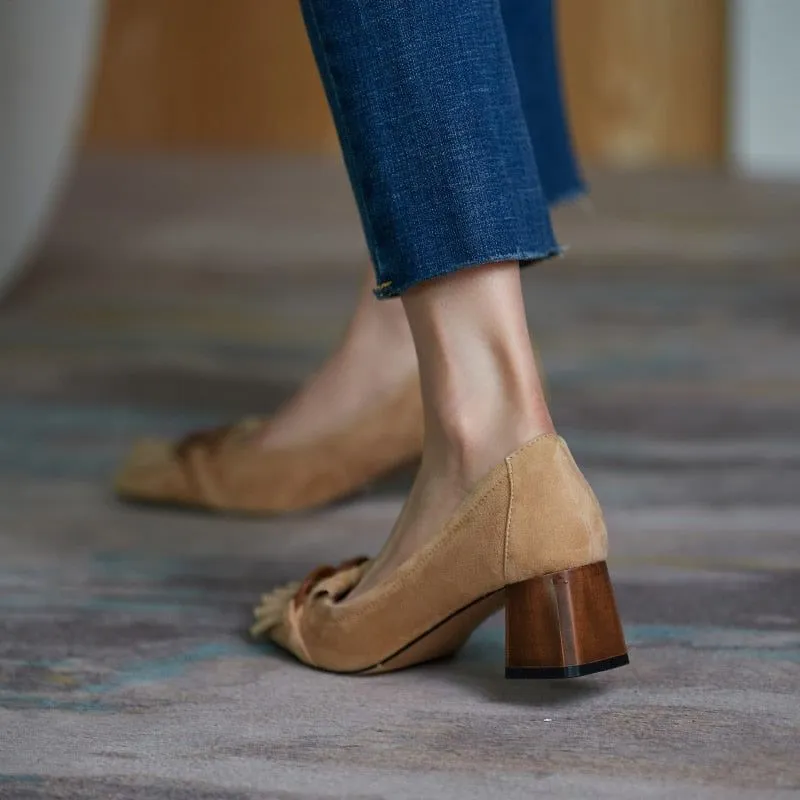 Women's Shoes, Thick Mid Heel Pumps in Genuine Leather Suede With Fringe & Chain Decor