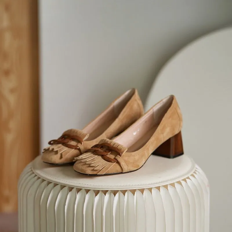 Women's Shoes, Thick Mid Heel Pumps in Genuine Leather Suede With Fringe & Chain Decor