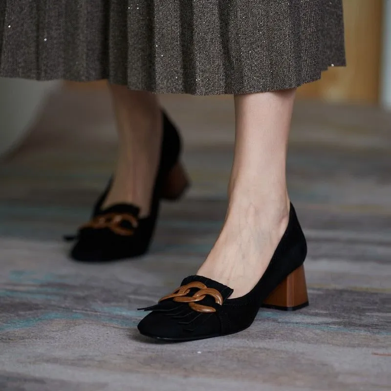 Women's Shoes, Thick Mid Heel Pumps in Genuine Leather Suede With Fringe & Chain Decor