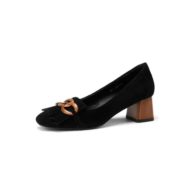 Women's Shoes, Thick Mid Heel Pumps in Genuine Leather Suede With Fringe & Chain Decor