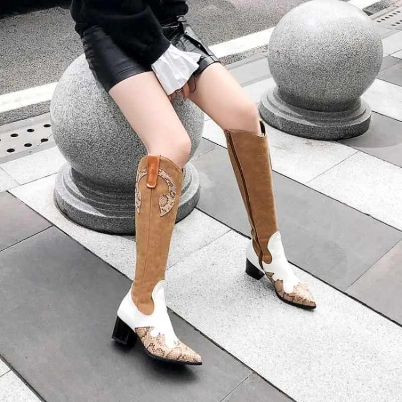 Women’s Snake Pattern Pointed Tall Western Boots in Snakeskin Style