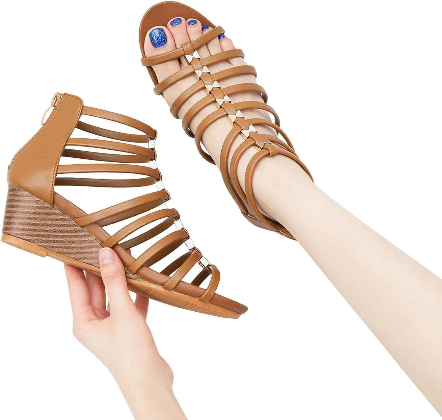 Women's Strappy Sandal Hollow Out High Heels Shoe Back Zipper Trendy Sandals Durable Splicing Metal Shoes