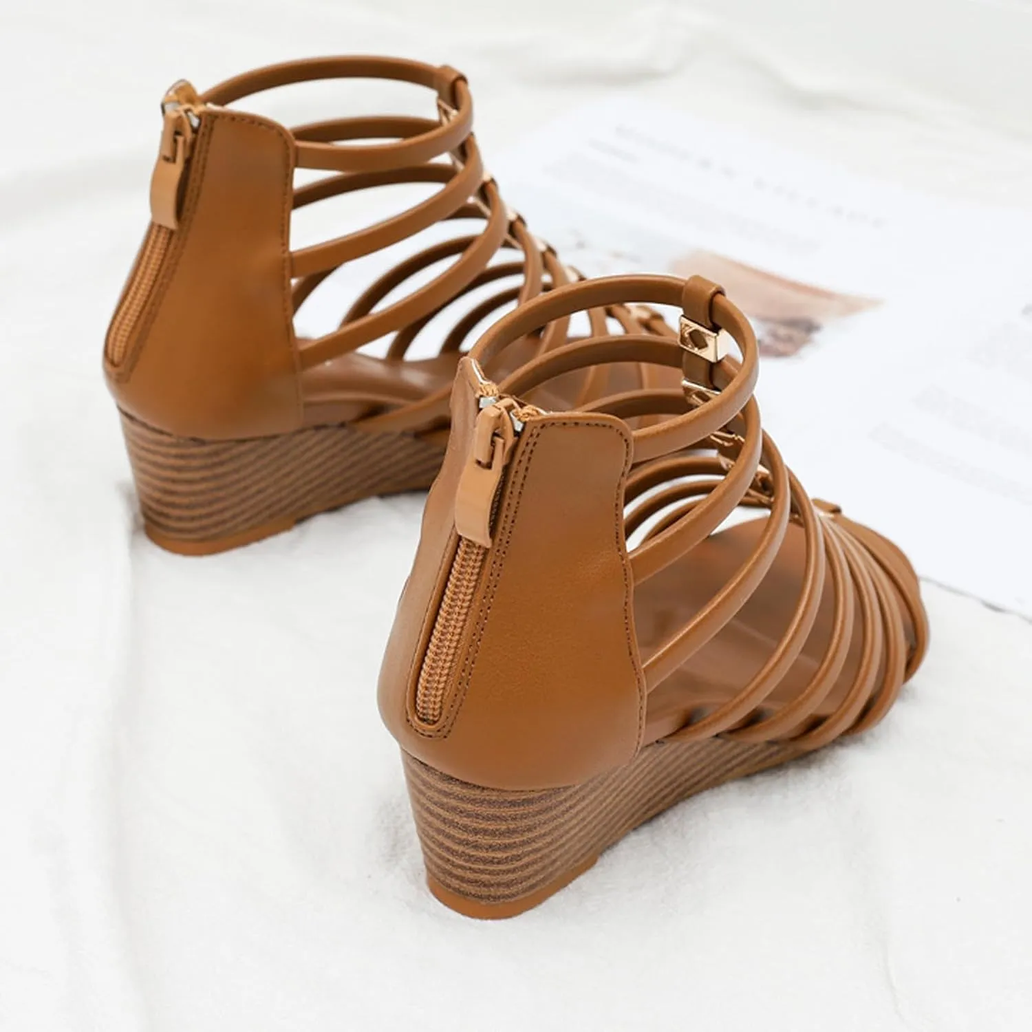 Women's Strappy Sandal Hollow Out High Heels Shoe Back Zipper Trendy Sandals Durable Splicing Metal Shoes