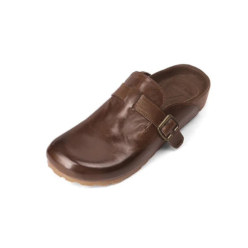 Women's Summer Retro Cowhide Leather Slippers with Adjustable Buckle Black/Dark Brown/Light Brown