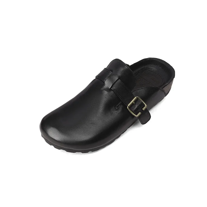 Women's Summer Retro Cowhide Leather Slippers with Adjustable Buckle Black/Dark Brown/Light Brown