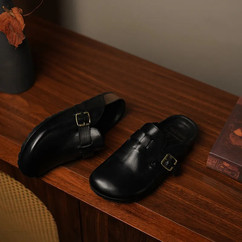 Women's Summer Retro Cowhide Leather Slippers with Adjustable Buckle Black/Dark Brown/Light Brown