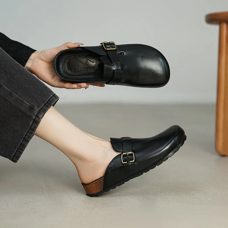 Women's Summer Retro Cowhide Leather Slippers with Adjustable Buckle Black/Dark Brown/Light Brown