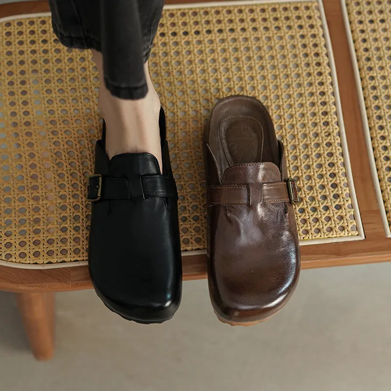 Women's Summer Retro Cowhide Leather Slippers with Adjustable Buckle Black/Dark Brown/Light Brown