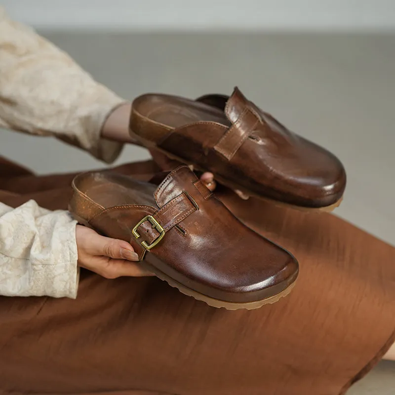 Women's Summer Retro Cowhide Leather Slippers with Adjustable Buckle Black/Dark Brown/Light Brown