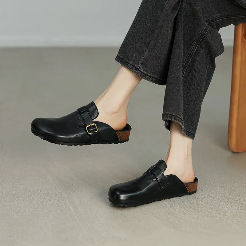 Women's Summer Retro Cowhide Leather Slippers with Adjustable Buckle Black/Dark Brown/Light Brown