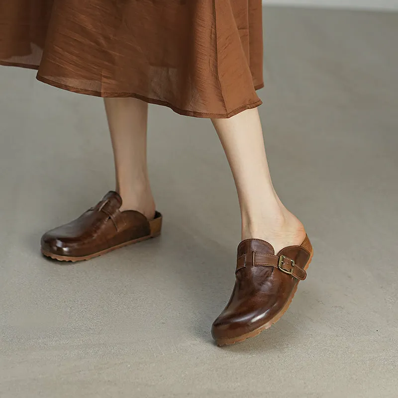 Women's Summer Retro Cowhide Leather Slippers with Adjustable Buckle Black/Dark Brown/Light Brown