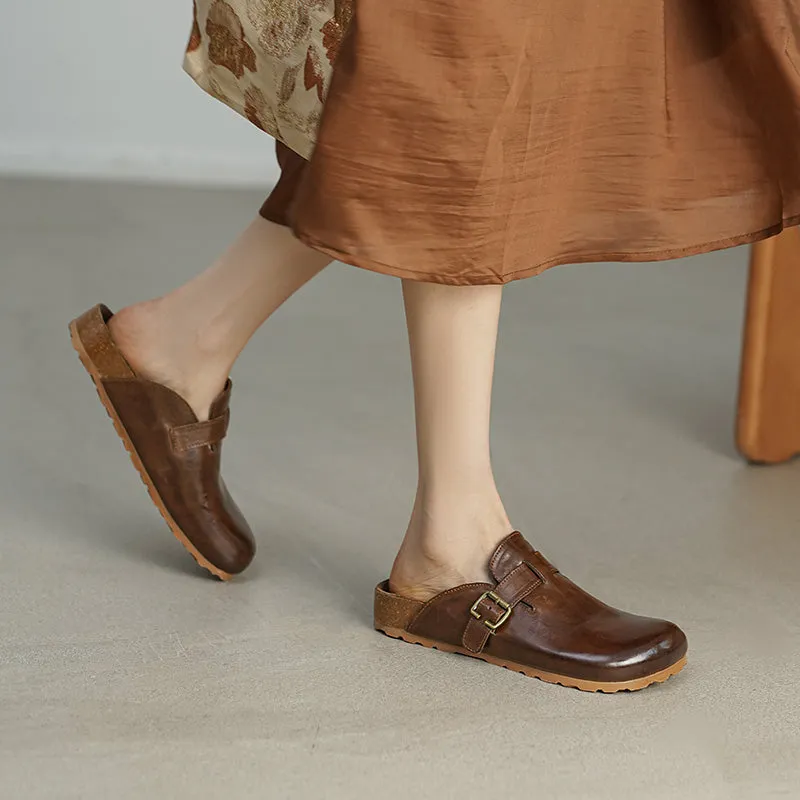 Women's Summer Retro Cowhide Leather Slippers with Adjustable Buckle Black/Dark Brown/Light Brown