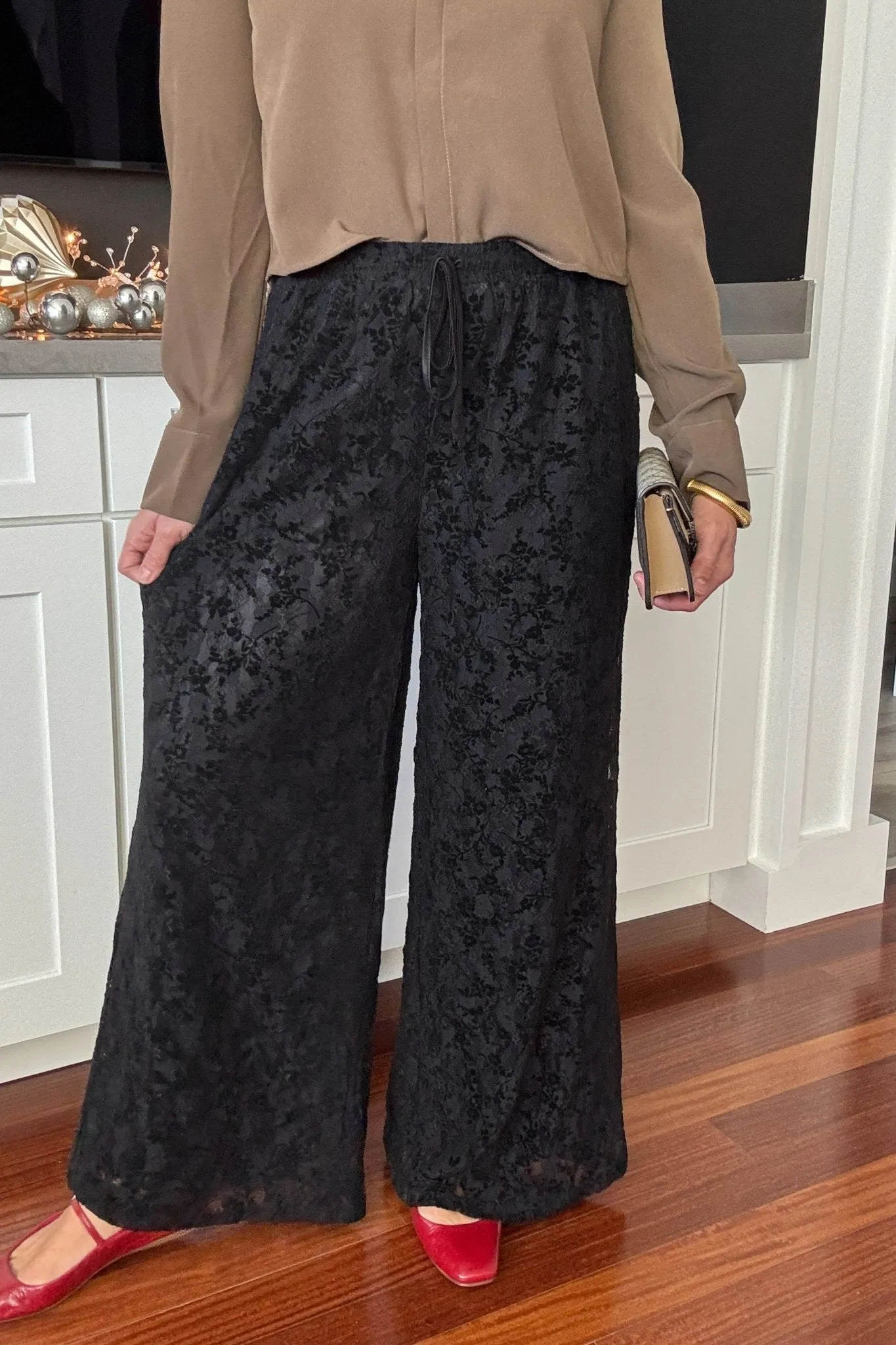 Women's Velvet Lace Pants | Wide Leg | High Rise | Black