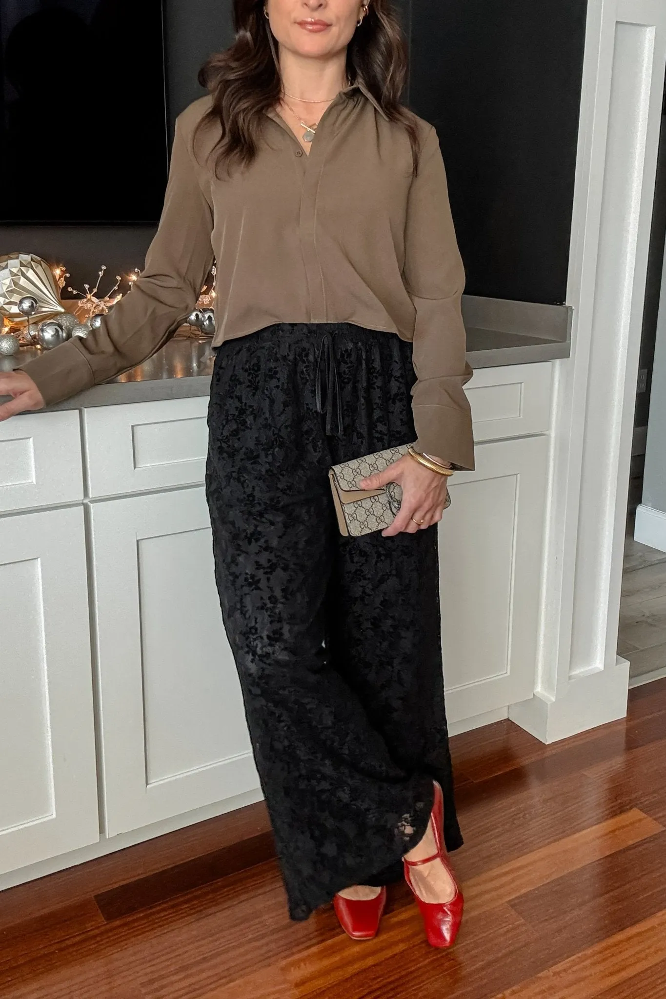 Women's Velvet Lace Pants | Wide Leg | High Rise | Black