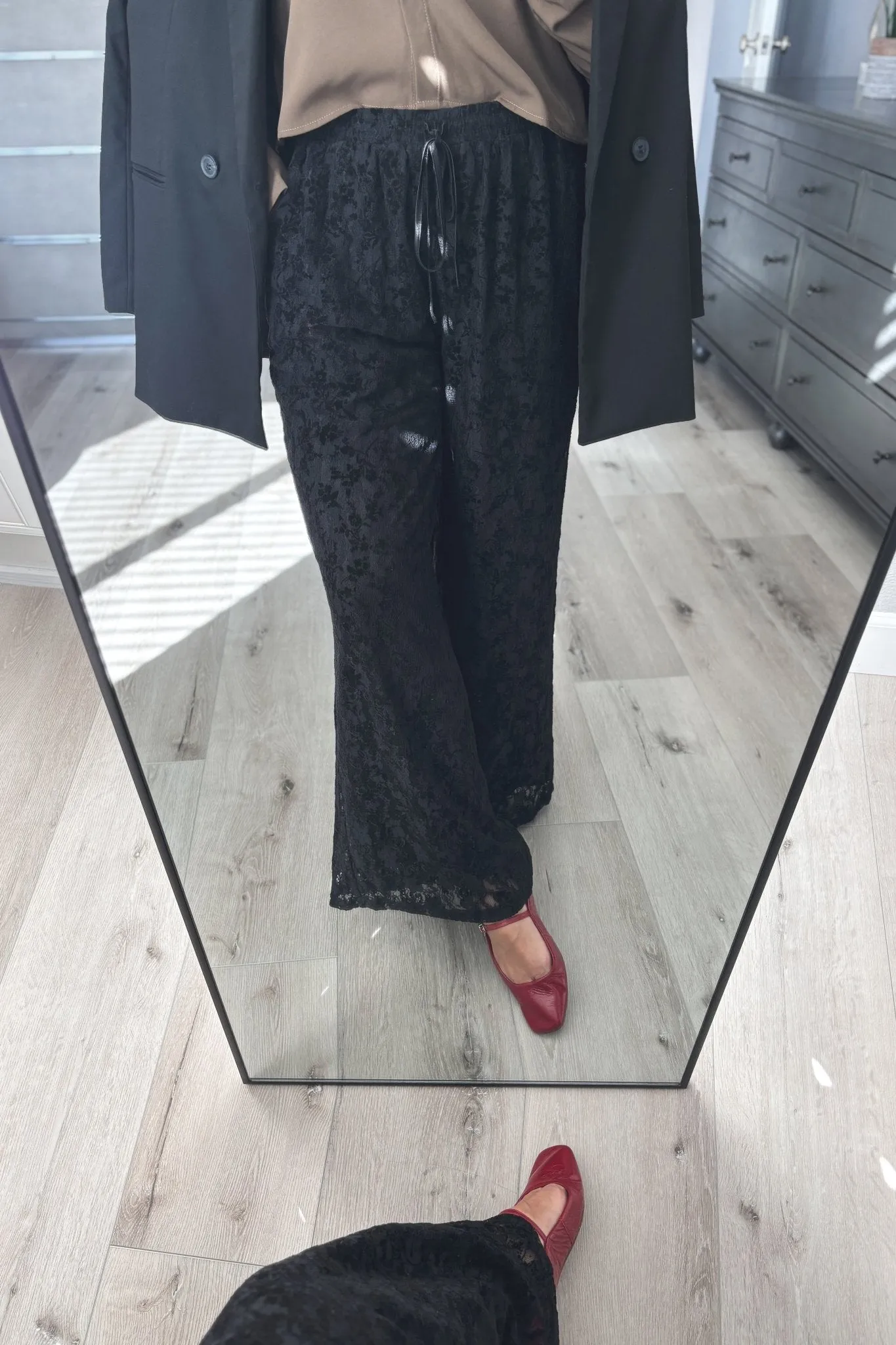 Women's Velvet Lace Pants | Wide Leg | High Rise | Black