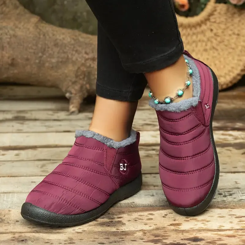 Women's Waterproof Ankle Boots - Low Platform Heel, Slip-On, Plush Lined Winter Boots