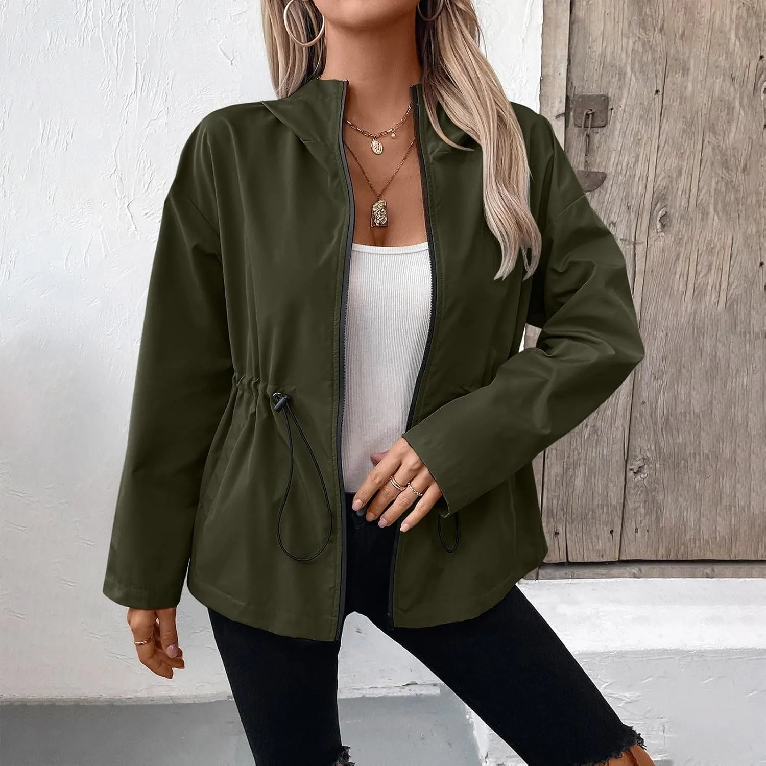 Women's Waterproof Rain Jacket 2024 Fall Striped Overcoat Waterproof Lined Plus Size Raincoat with Hood