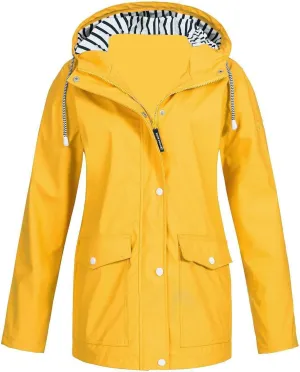 Women's Waterproof Rain Jacket 2024 Fall Striped Overcoat Waterproof Lined Plus Size Raincoat with Hood