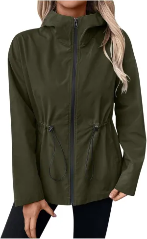 Women's Waterproof Rain Jacket 2024 Fall Striped Overcoat Waterproof Lined Plus Size Raincoat with Hood