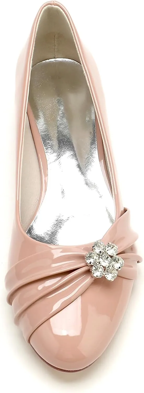 Women's Wedding Shoes Closed Toe Ballet Flat Bride Rhinestone Patent Leather Round Toe Dress Slip-on Sandals
