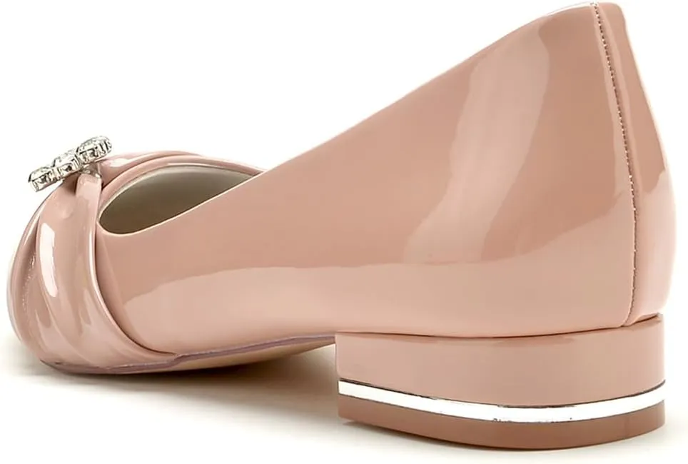 Women's Wedding Shoes Closed Toe Ballet Flat Bride Rhinestone Patent Leather Round Toe Dress Slip-on Sandals