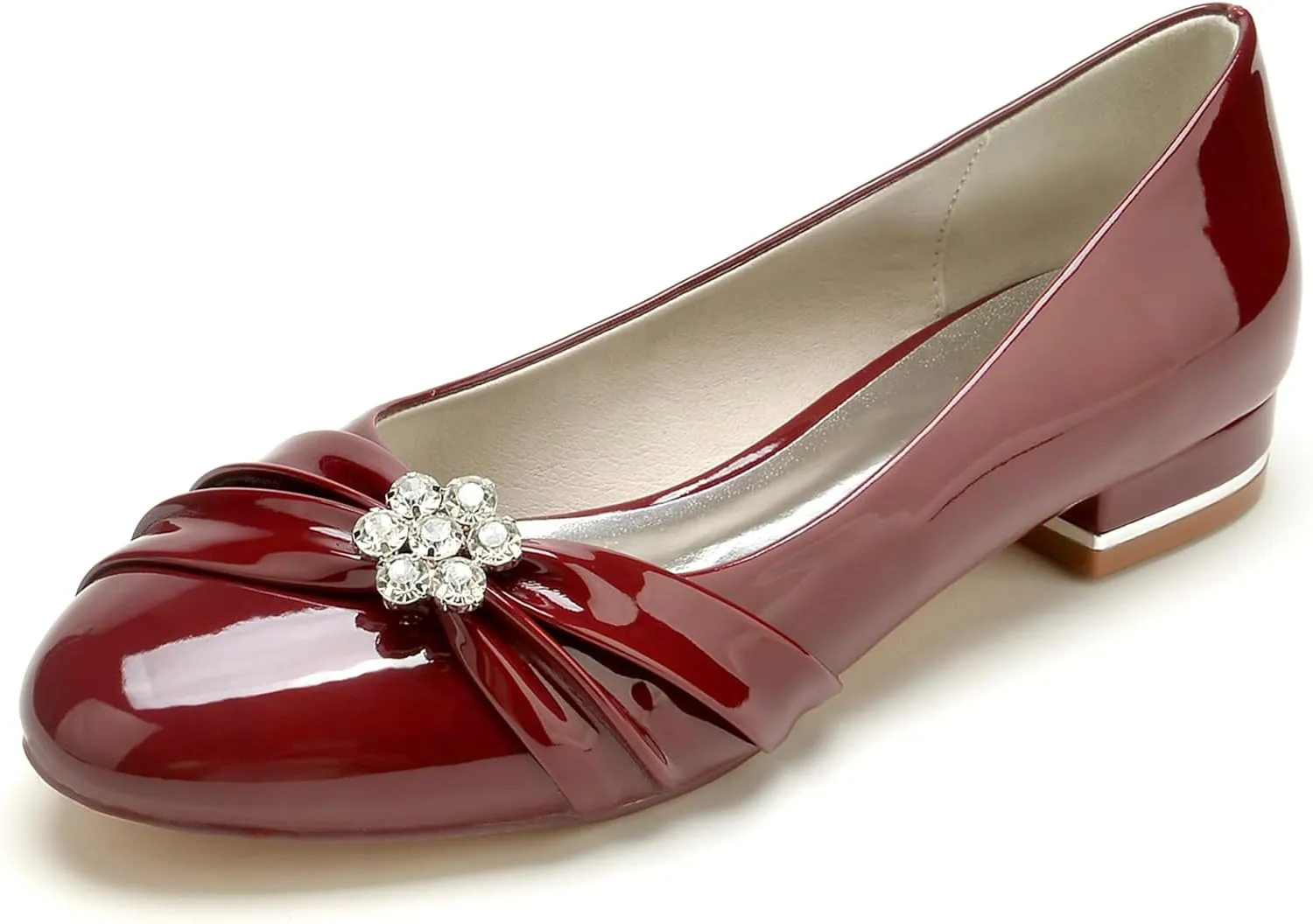 Women's Wedding Shoes Closed Toe Ballet Flat Bride Rhinestone Patent Leather Round Toe Dress Slip-on Sandals