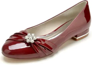 Women's Wedding Shoes Closed Toe Ballet Flat Bride Rhinestone Patent Leather Round Toe Dress Slip-on Sandals
