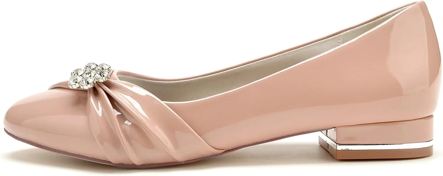 Women's Wedding Shoes Closed Toe Ballet Flat Bride Rhinestone Patent Leather Round Toe Dress Slip-on Sandals