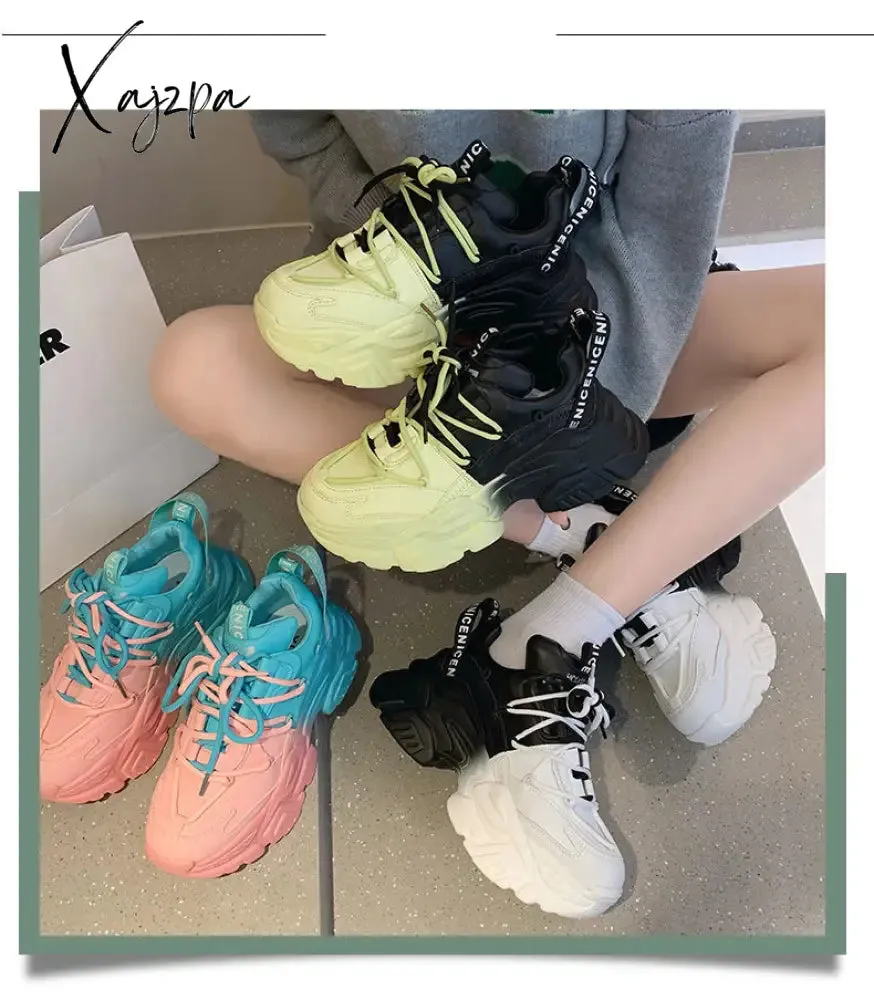 Xajzpa - Autumn Women Chunky Sneakers New Design Colorful Woman Shoes Thick Sole Fashion Girls Platform Sneakers Ladies Sport Shoes