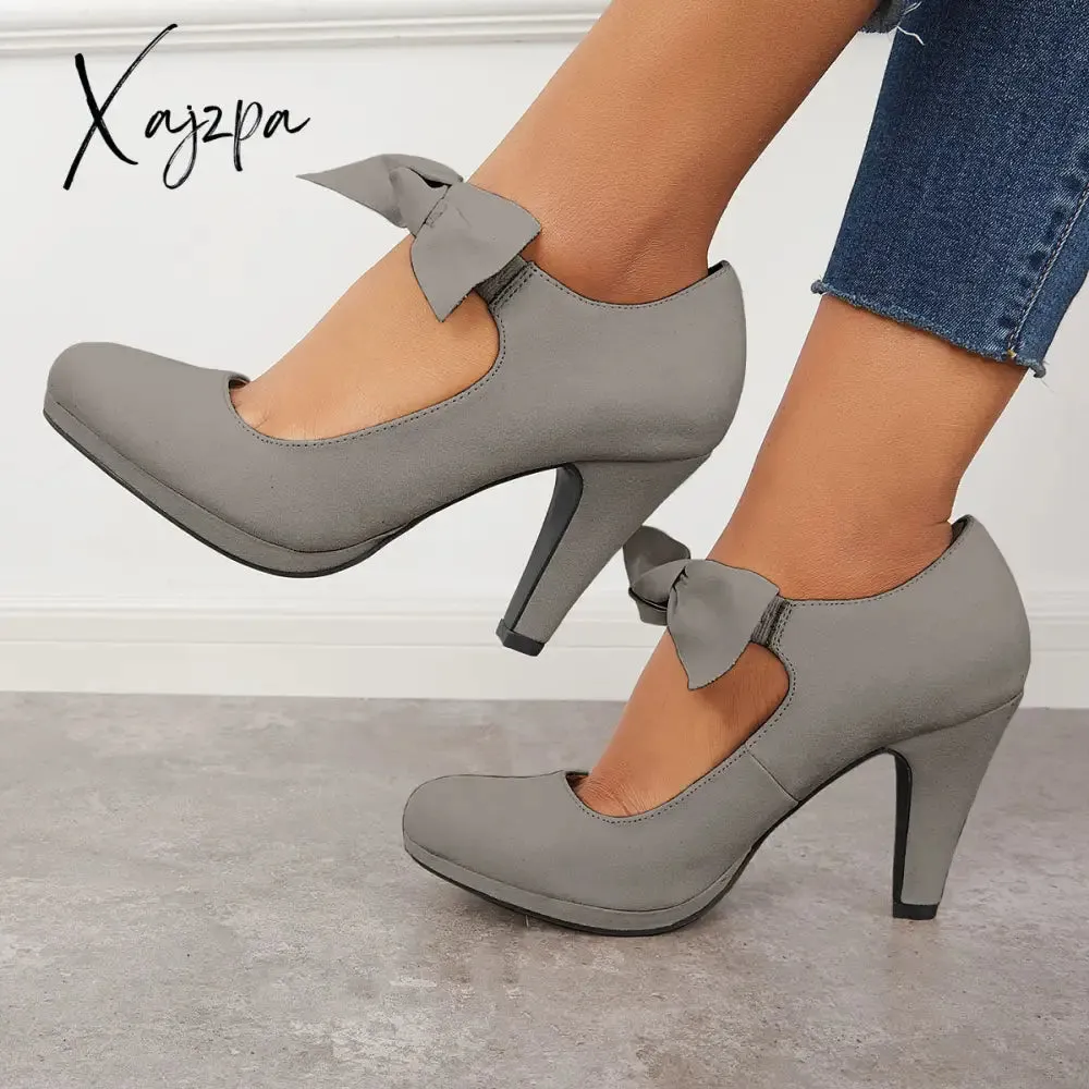 Xajzpa - Thick Heel Mary Jane Pumps Bowknot Round Toe Ankle Strap Heels